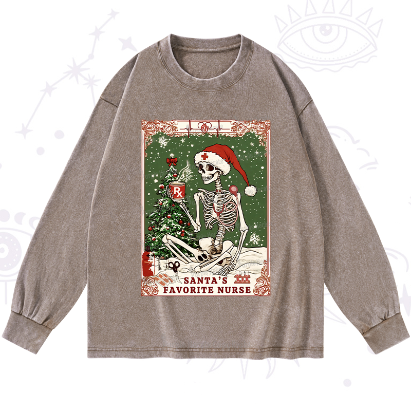 Purplehecate Christmas Santa's Favorite Nurse Tarot Washed Long Sleeve Shirt