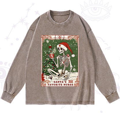 Purplehecate Christmas Santa's Favorite Nurse Tarot Washed Long Sleeve Shirt