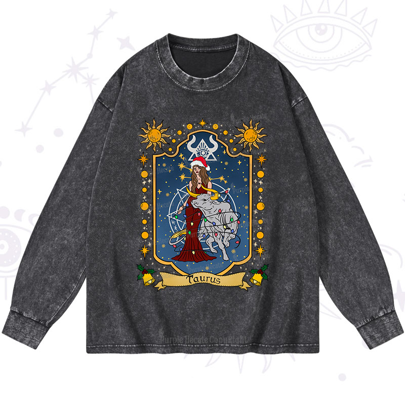 Purplehecate Christmas Taurus Zodiac Washed Long Sleeve Shirt