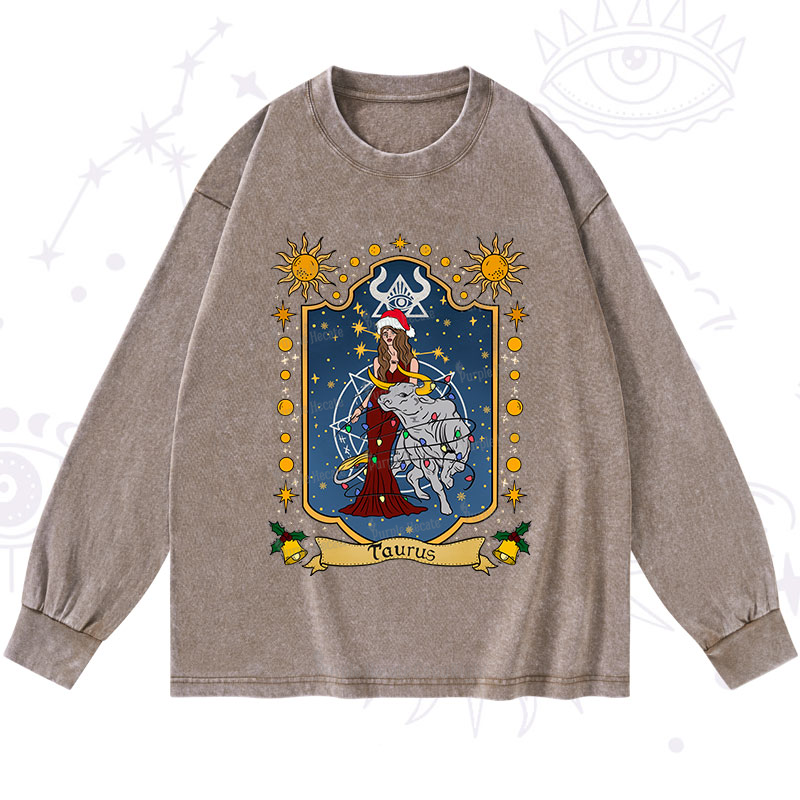 Purplehecate Christmas Taurus Zodiac Washed Long Sleeve Shirt