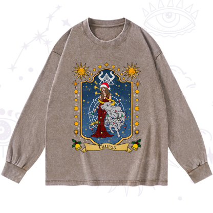 Purplehecate Christmas Taurus Zodiac Washed Long Sleeve Shirt