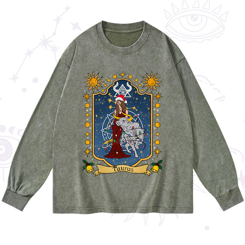 Purplehecate Christmas Taurus Zodiac Washed Long Sleeve Shirt