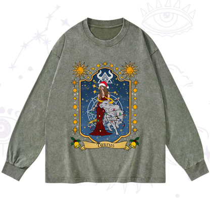 Purplehecate Christmas Taurus Zodiac Washed Long Sleeve Shirt