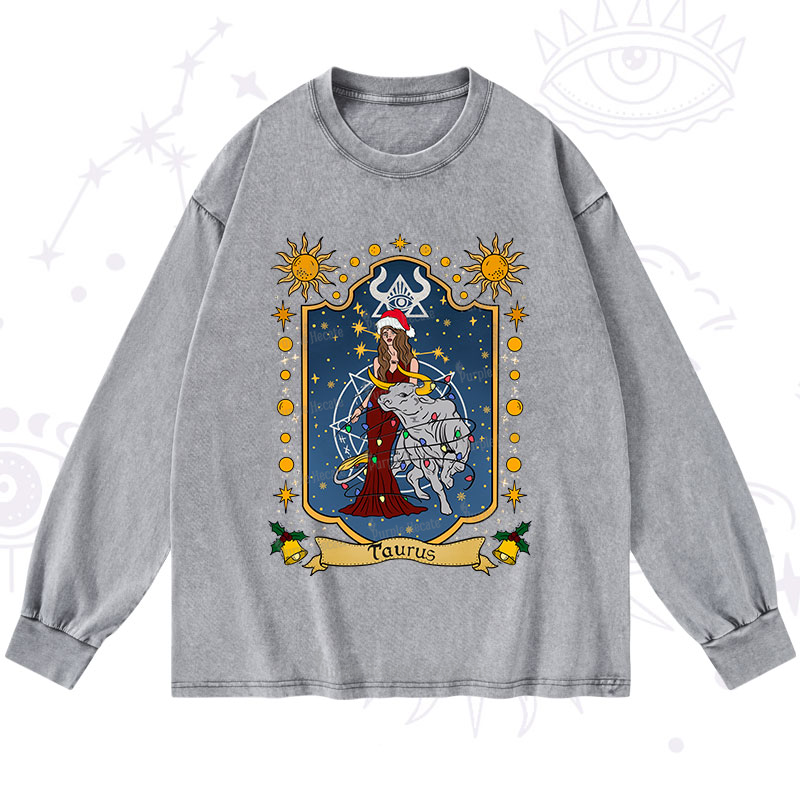 Purplehecate Christmas Taurus Zodiac Washed Long Sleeve Shirt