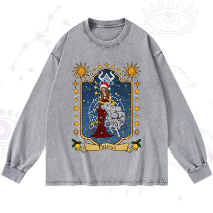 Purplehecate Christmas Taurus Zodiac Washed Long Sleeve Shirt