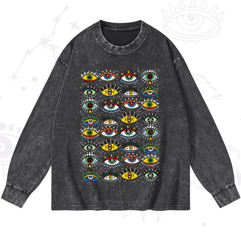 Purplehecate Christmas Evil Eye Pattern Washed Long Sleeve Shirt