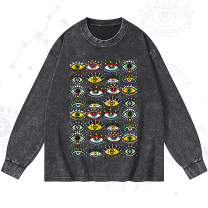 Purplehecate Christmas Evil Eye Pattern Washed Long Sleeve Shirt