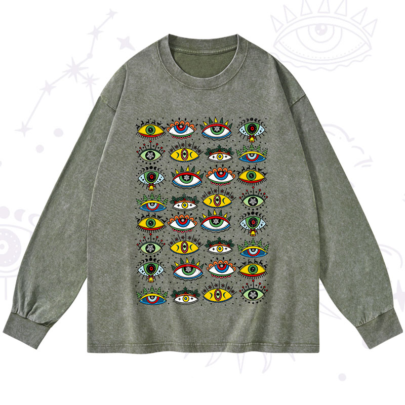 Purplehecate Christmas Evil Eye Pattern Washed Long Sleeve Shirt