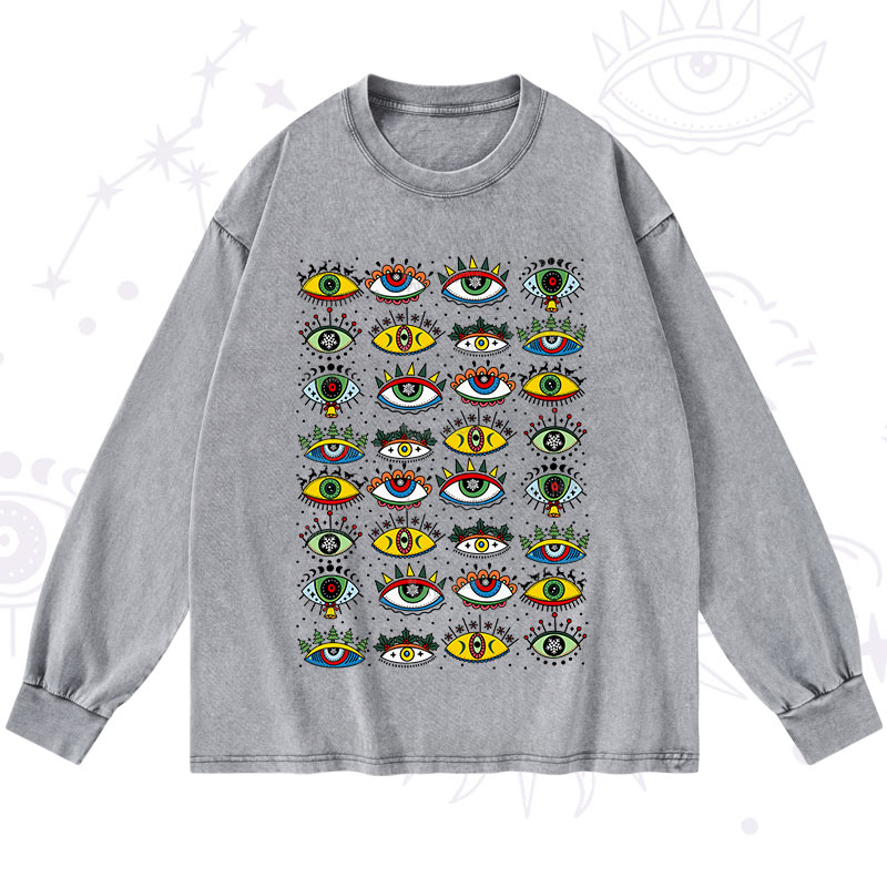 Purplehecate Christmas Evil Eye Pattern Washed Long Sleeve Shirt