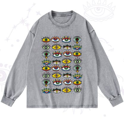 Purplehecate Christmas Evil Eye Pattern Washed Long Sleeve Shirt