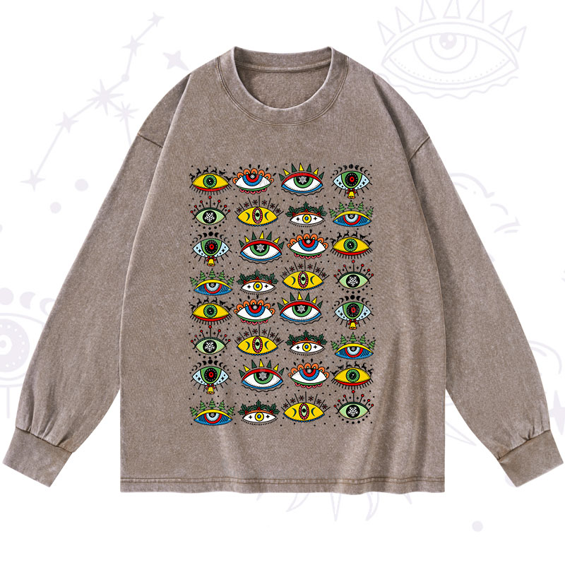 Purplehecate Christmas Evil Eye Pattern Washed Long Sleeve Shirt