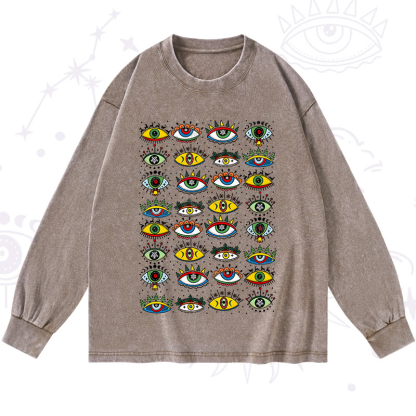 Purplehecate Christmas Evil Eye Pattern Washed Long Sleeve Shirt
