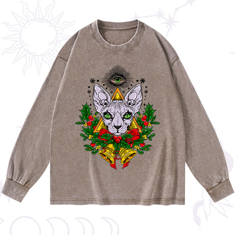 Purplehecate Christmas Mystical Cat Washed Long Sleeve Shirt