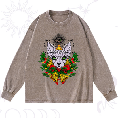 Purplehecate Christmas Mystical Cat Washed Long Sleeve Shirt