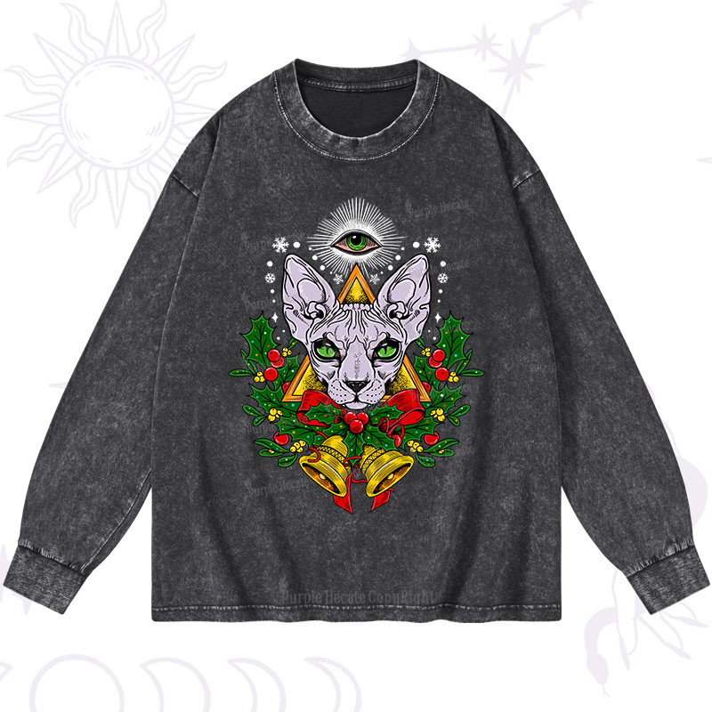 Purplehecate Christmas Mystical Cat Washed Long Sleeve Shirt