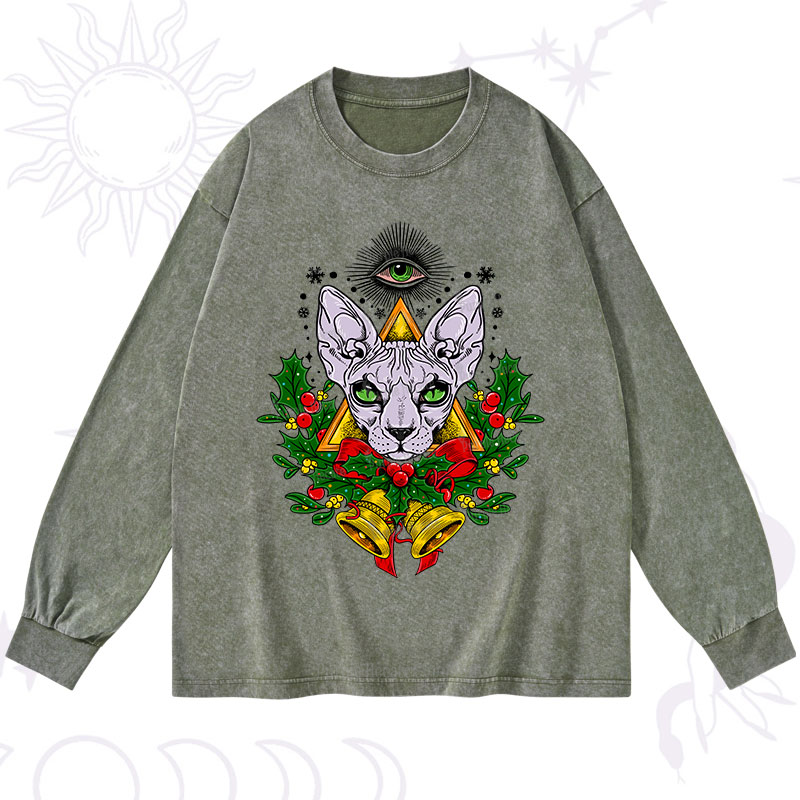 Purplehecate Christmas Mystical Cat Washed Long Sleeve Shirt
