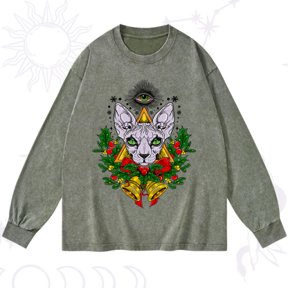 Purplehecate Christmas Mystical Cat Washed Long Sleeve Shirt