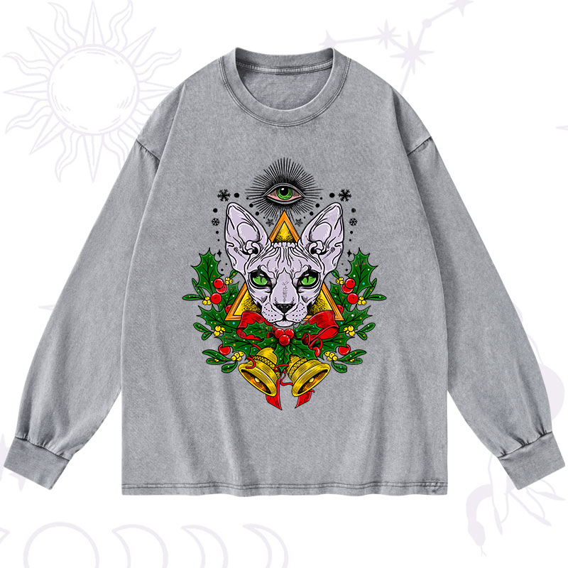 Purplehecate Christmas Mystical Cat Washed Long Sleeve Shirt