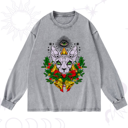 Purplehecate Christmas Mystical Cat Washed Long Sleeve Shirt