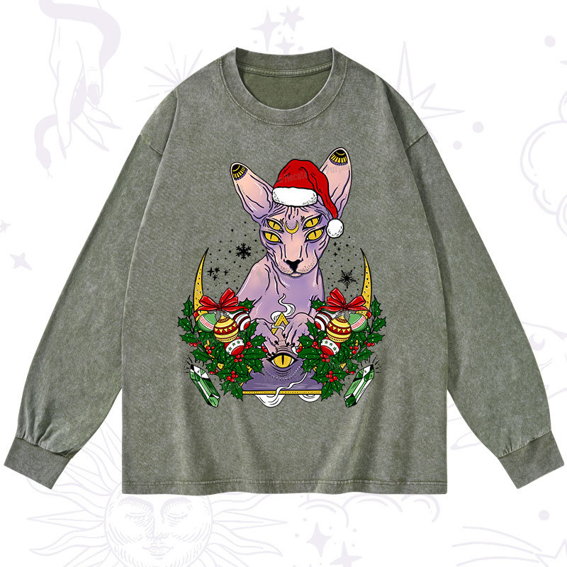 Purplehecate Christmas Moon Phase Cat Washed Long Sleeve Shirt