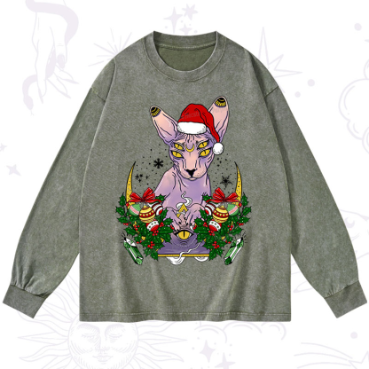 Purplehecate Christmas Moon Phase Cat Washed Long Sleeve Shirt