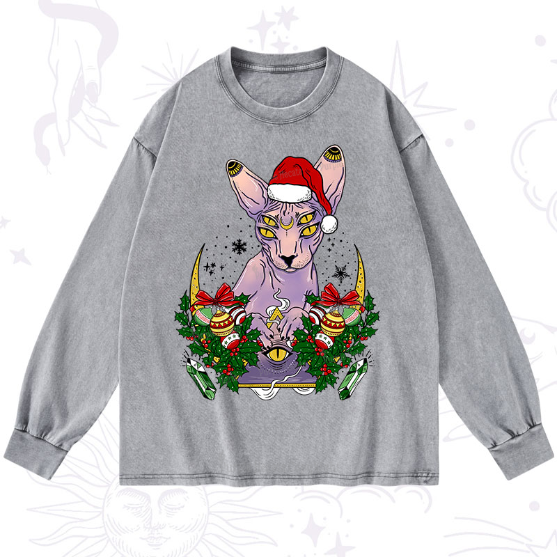 Purplehecate Christmas Moon Phase Cat Washed Long Sleeve Shirt