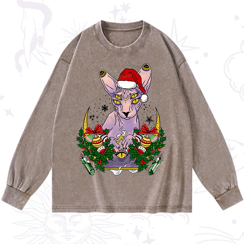 Purplehecate Christmas Moon Phase Cat Washed Long Sleeve Shirt