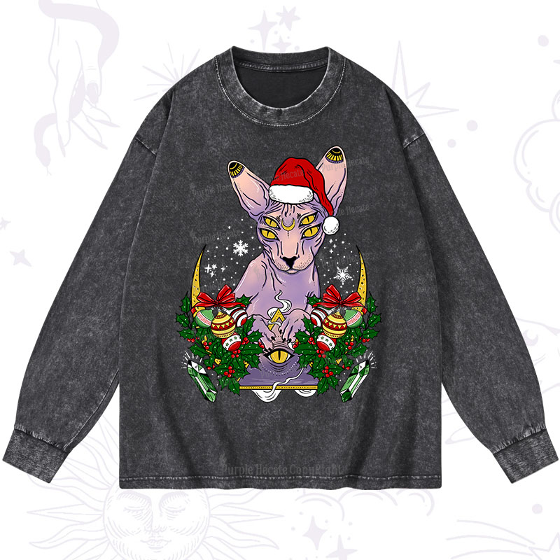 Purplehecate Christmas Moon Phase Cat Washed Long Sleeve Shirt