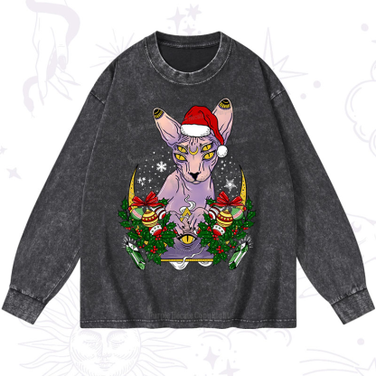 Purplehecate Christmas Moon Phase Cat Washed Long Sleeve Shirt