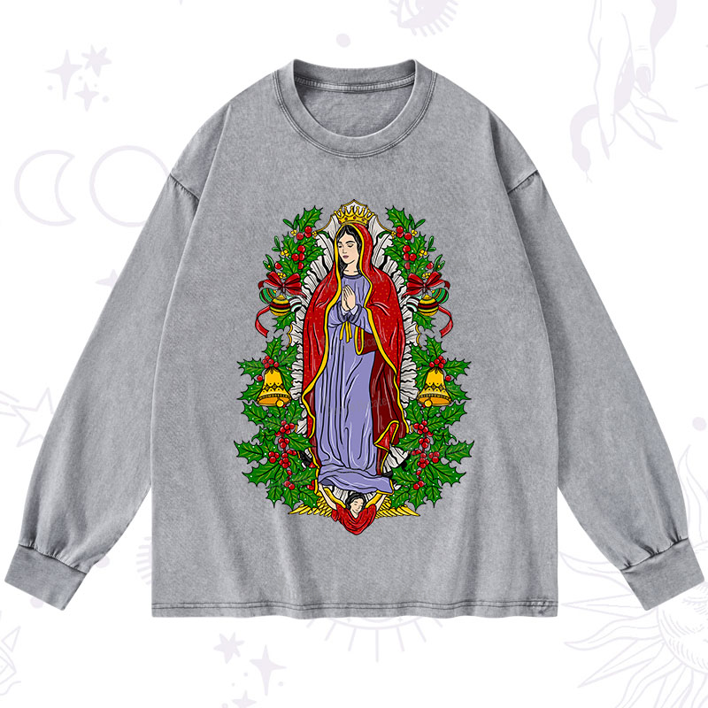 Purplehecate Christmas Mother Mary Washed Long Sleeve Shirt