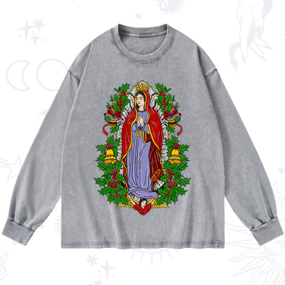 Purplehecate Christmas Mother Mary Washed Long Sleeve Shirt