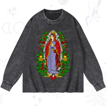 Purplehecate Christmas Mother Mary Washed Long Sleeve Shirt