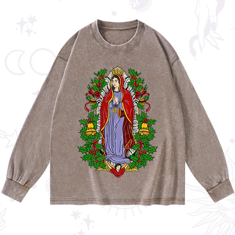 Purplehecate Christmas Mother Mary Washed Long Sleeve Shirt