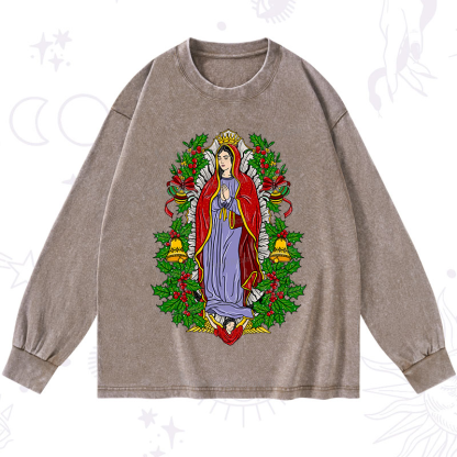 Purplehecate Christmas Mother Mary Washed Long Sleeve Shirt