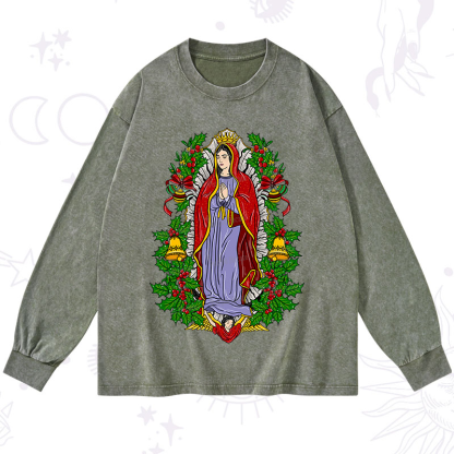 Purplehecate Christmas Mother Mary Washed Long Sleeve Shirt