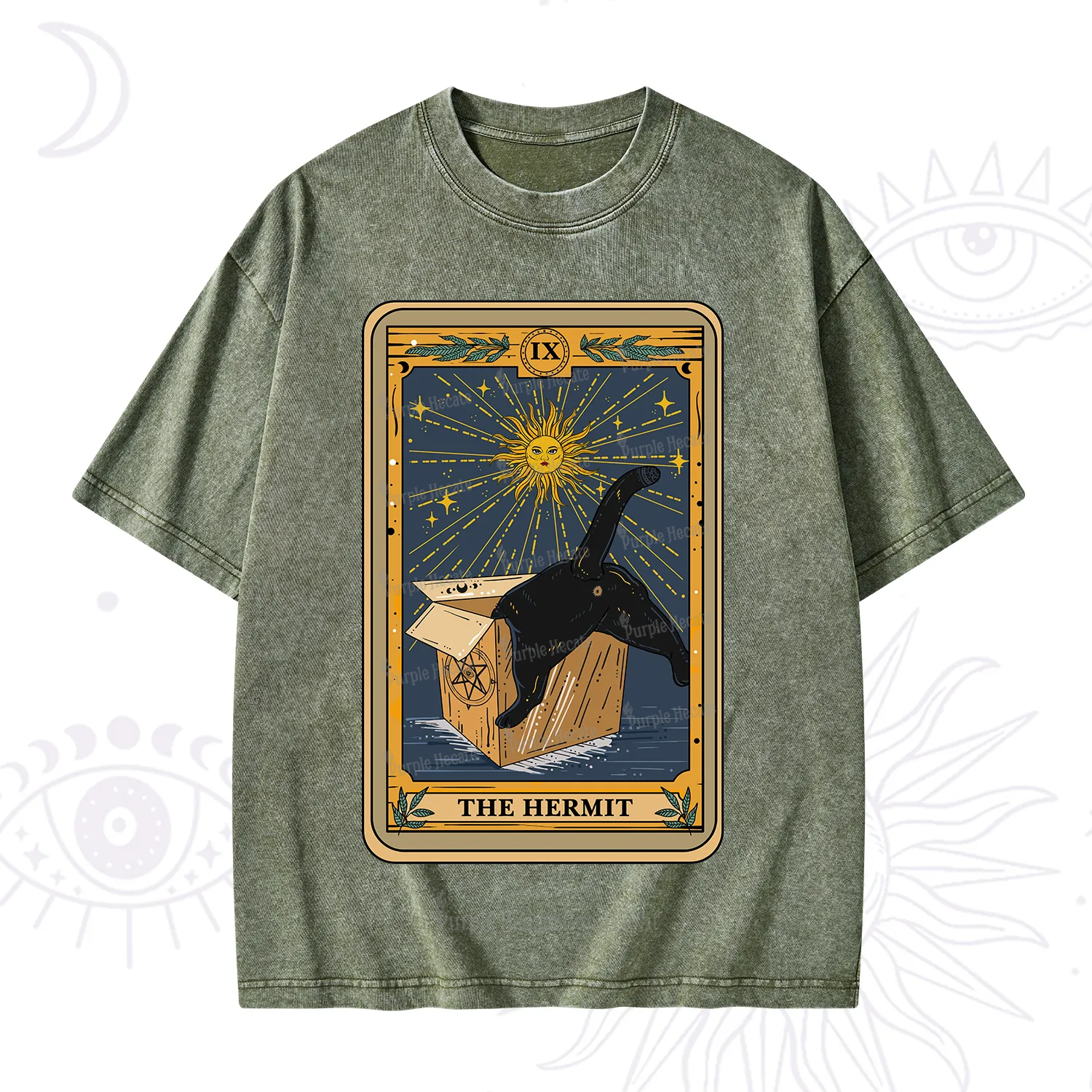 Purplehecate The Cardboard Hermit Cat Tarot Washed T-Shirt