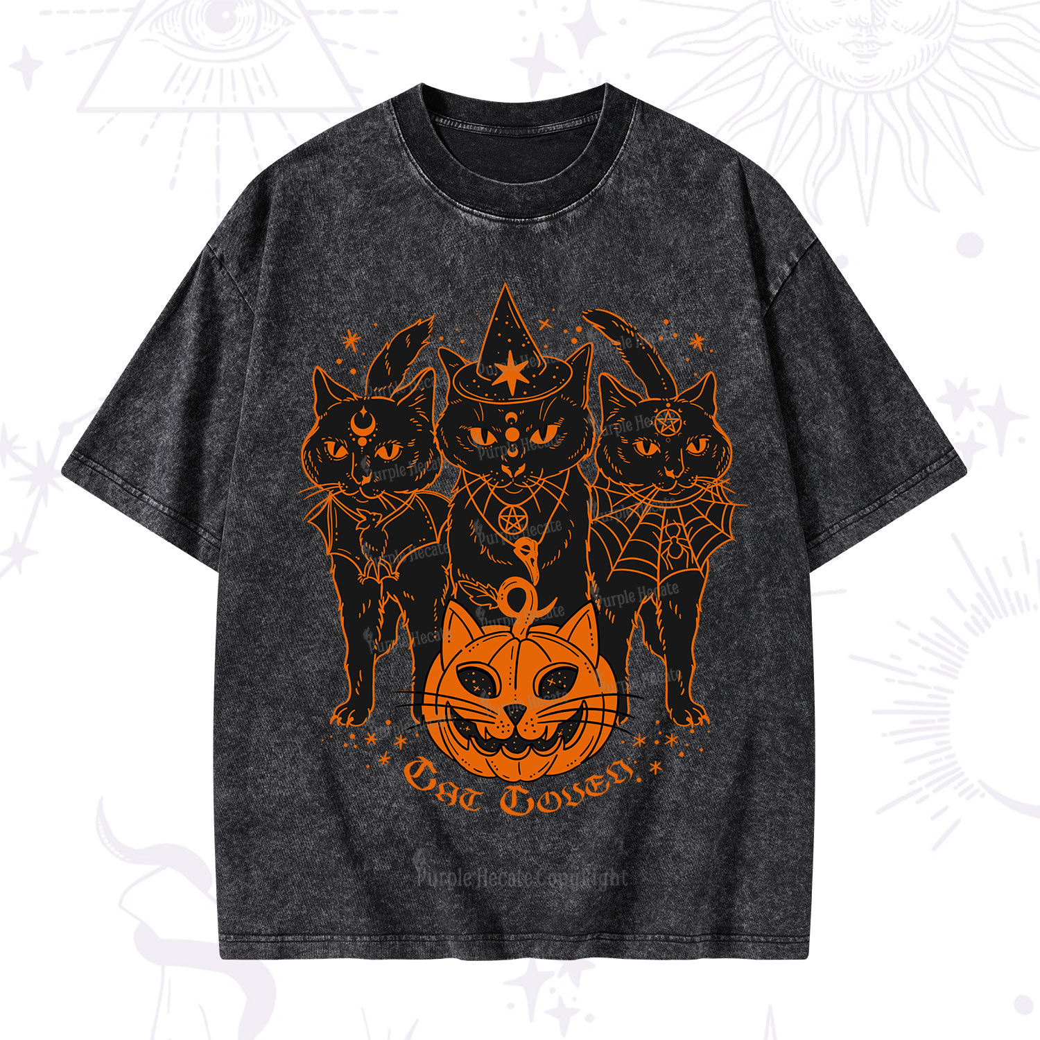 Purplehecate Pumpkin Witch Cat Coven Halloween Washed T-Shirt