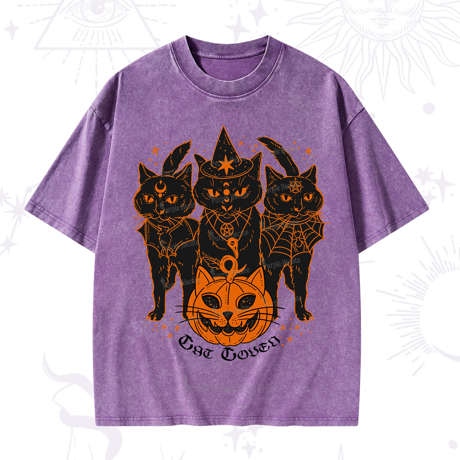 Purplehecate Pumpkin Witch Cat Coven Halloween Washed T-Shirt