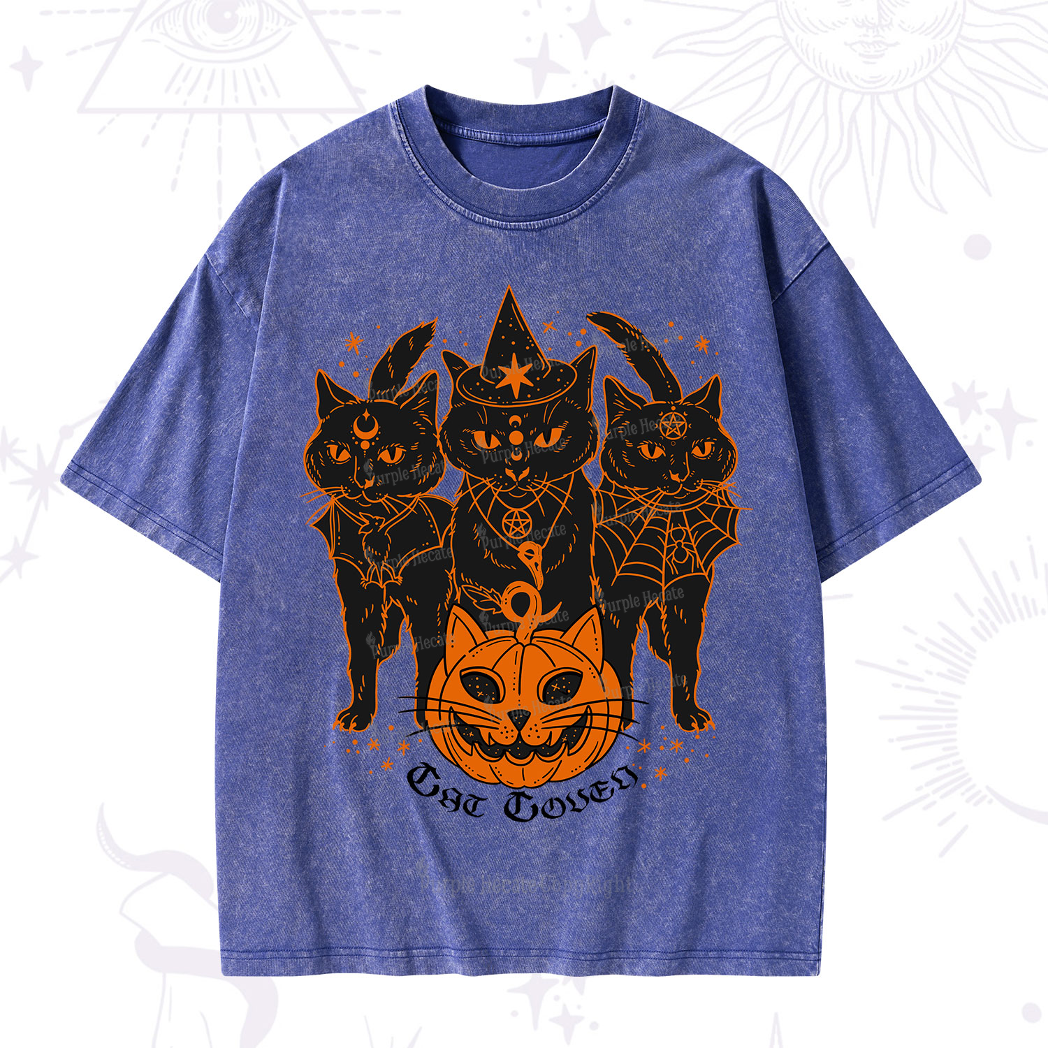 Purplehecate Pumpkin Witch Cat Coven Halloween Washed T-Shirt