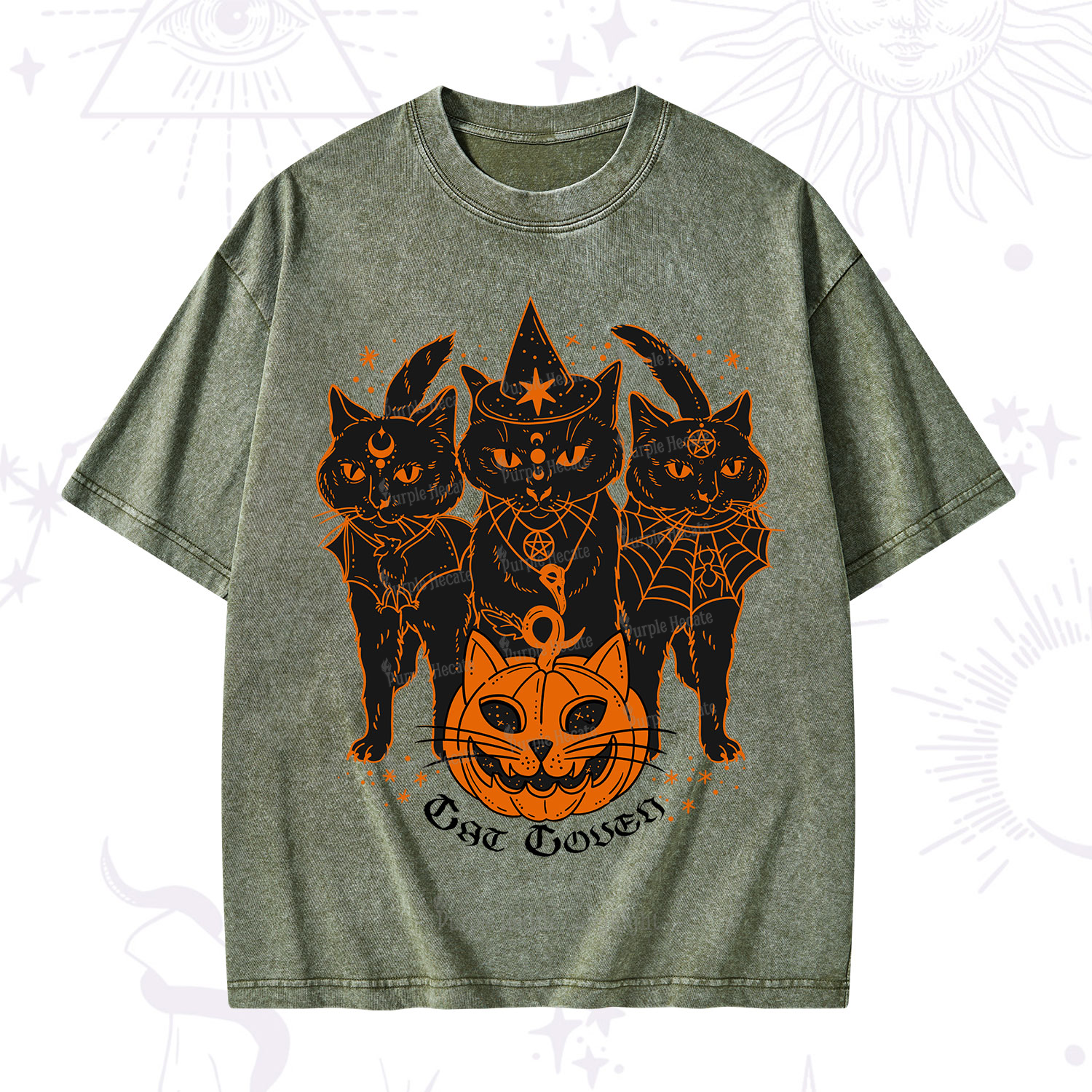 Purplehecate Pumpkin Witch Cat Coven Halloween Washed T-Shirt
