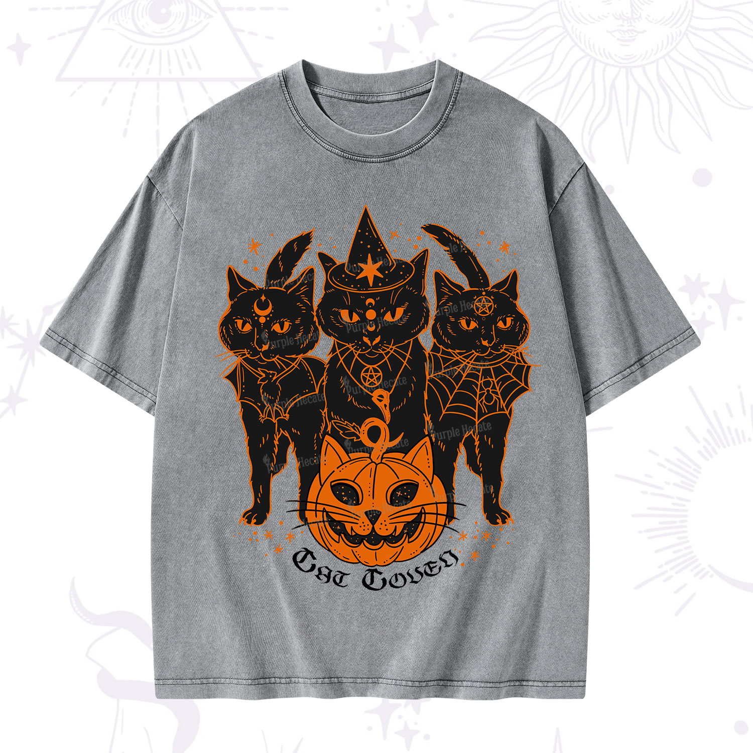 Purplehecate Pumpkin Witch Cat Coven Halloween Washed T-Shirt