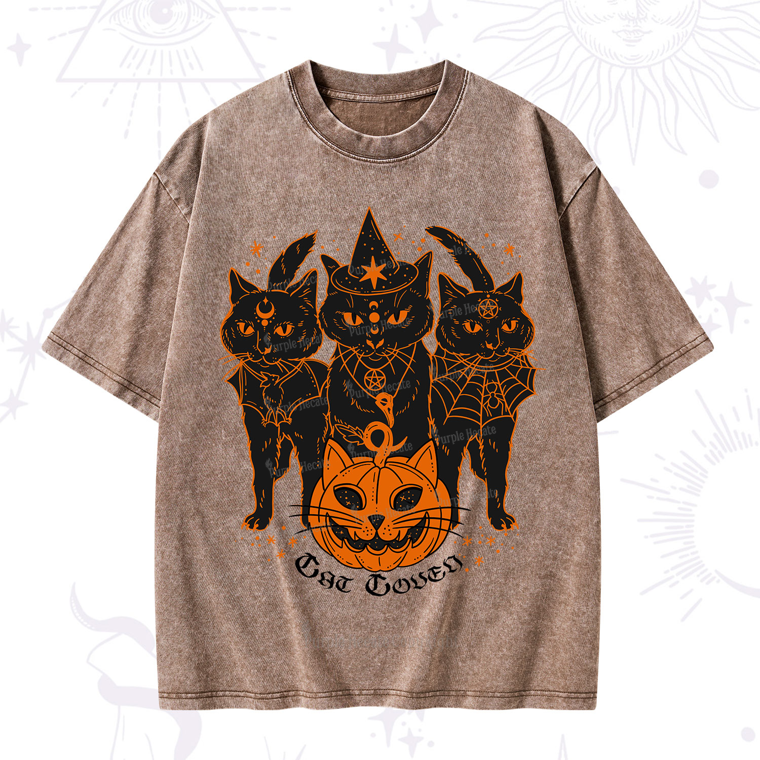 Purplehecate Pumpkin Witch Cat Coven Halloween Washed T-Shirt
