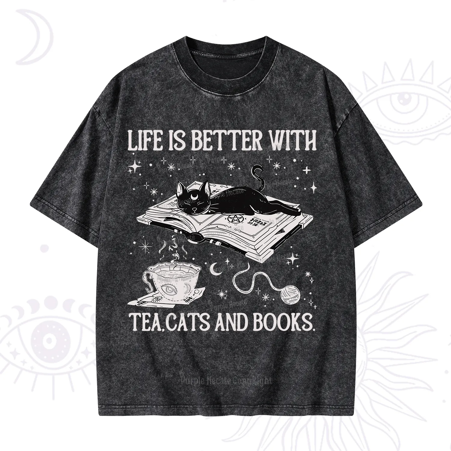 Purplehecate Life Is Better With Cats And Books Washed T-Shirt