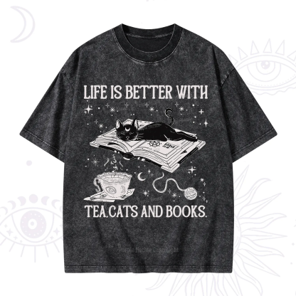Purplehecate Life Is Better With Cats And Books Washed T-Shirt