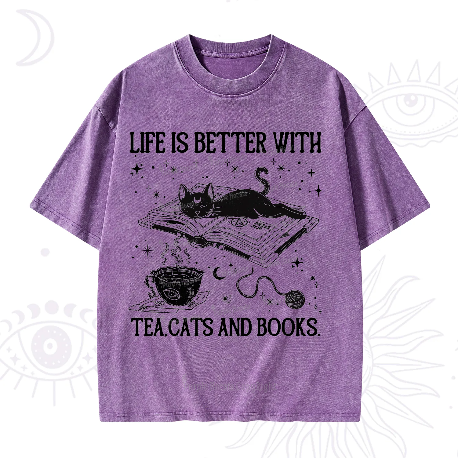 Purplehecate Life Is Better With Cats And Books Washed T-Shirt
