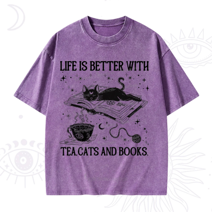 Purplehecate Life Is Better With Cats And Books Washed T-Shirt