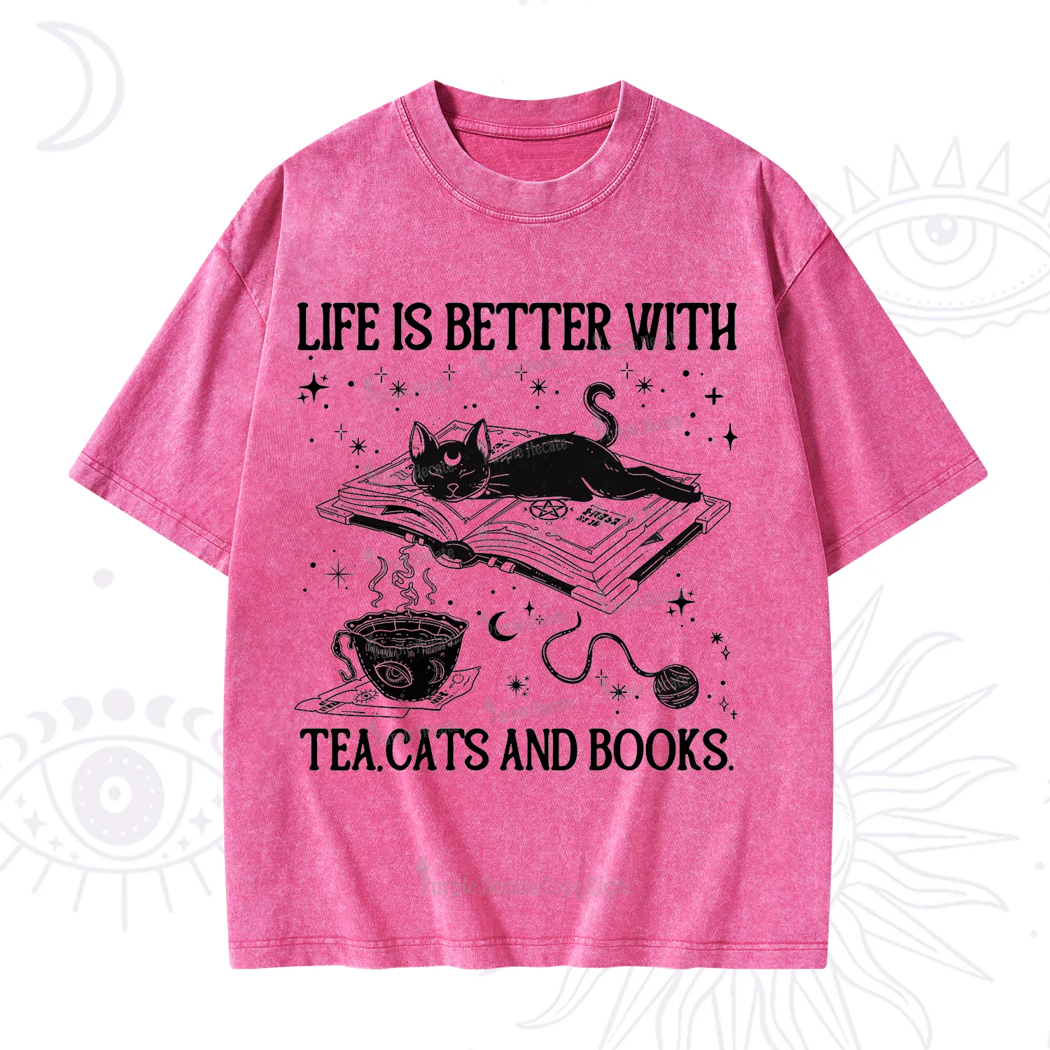 Purplehecate Life Is Better With Cats And Books Washed T-Shirt