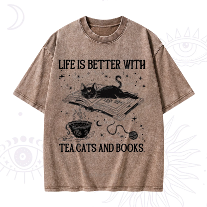 Purplehecate Life Is Better With Cats And Books Washed T-Shirt