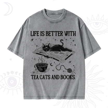 Purplehecate Life Is Better With Cats And Books Washed T-Shirt