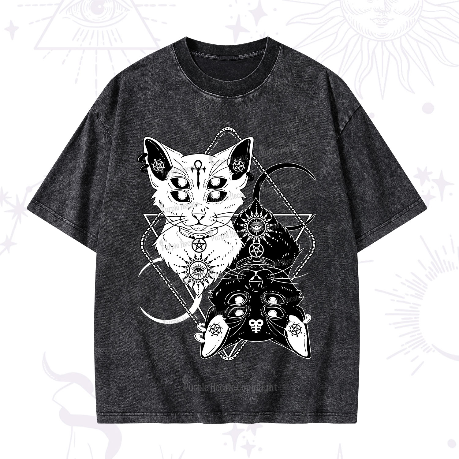 Purplehecate Occult Mirror Cats Washed T-Shirt